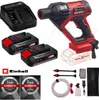A collection of Einhell power tools and accessories, including a pressure washer gun, batteries, charger, and hose, arranged on a white background. Produktbild-Vorschau