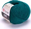 A ball of teal yarn with a label. Produktbild-Vorschau
