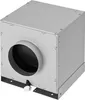 A single, gray, cubic ventilation unit with a circular opening on the left side, mounted on black brackets. Produktbild-Vorschau