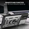 A phone case with a ring stand is displayed on a desk next to a laptop and headphones. Produktbild-Vorschau