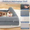 A puppy sleeping on a dog bed, with close-up images of the bed's materials and features. Voir les images du produit