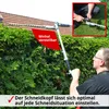 A man is using a telescopic hedge trimmer to trim a large hedge in front of a house. Produktbild-Vorschau