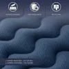 Close-up of a textured blue fabric with icons and text describing product features. Náhľad obrázku produktu