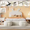 A bedroom scene featuring a bed with a rabbit-themed headboard, bedside tables, and ottomans, with inset images highlighting product features. Náhled obrázku produktu