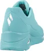 A rear view of a turquoise Skechers sneaker. Voir les images du produit