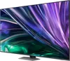 A side view of a modern flat-screen television with a colorful abstract image displayed on its screen, resting on a minimalist stand. Produktbild-Vorschau