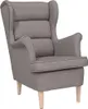 A grey fabric armchair with wooden legs against a white background. Náhľad obrázku produktu