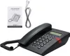 A black corded telephone with its instruction manual and connecting cable, presented on a white background. Produktbild-Vorschau
