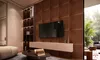 A modern living room with a TV mounted on a wood-paneled wall, a floating media console, and a bookshelf. Produktbild-Vorschau