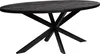An oval dining table with a black metal base against a white background. Voir les images du produit