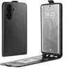 A black flip case for a smartphone is shown, with the phone inside and the case open. Produktbild-Vorschau