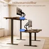 Two adjustable standing desks are shown in a room, one at a higher setting and one at a lower setting, with monitors mounted on them. Produktbild-Vorschau
