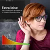 A woman is holding her hand to her ear, listening, with a graphic overlay showing sound levels and icons. Produktbild-Vorschau