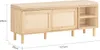 A product shot of a wooden shoe bench with a cushioned seat and sliding doors, showing dimensions. Produktbild-Vorschau