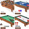 A collage of four different game tables: foosball, table tennis, billiards, and air hockey, each with its accessories and label. Produktbild-Vorschau