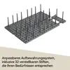 A gray organizing system with multiple pegs is displayed against a white and light gray background, with German text below. Produktbild-Vorschau