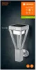 A product image featuring a silver outdoor solar wall light with a modern design, displayed against a dark gray background. The image includes branding and feature callouts. Produktbild-Vorschau