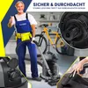 A man in work overalls gives a thumbs up while holding a vacuum cleaner hose, with a bicycle and vacuum cleaner in the background. There are also close-up shots of vacuum cleaner parts and a hand using a crevice tool. Produktbild-Vorschau
