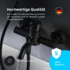 A black bathroom faucet with text overlays highlighting quality and warranty information. Produktbild-Vorschau