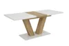 A dining table with a white and wood-grain top and a V-shaped base, presented on a white background. Produktbild-Vorschau