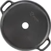 A top-down view of a black cast iron griddle with a hole in the center and two handles. Náhled obrázku produktu