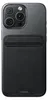 A black iPhone with a black leather wallet attachment on the back. Produktbild-Vorschau