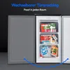 An open freezer with food items inside, showing its drawers and interior. Text overlays highlight features. Produktbild-Vorschau