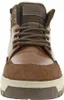 A close-up, front-facing view of a brown leather and suede bootie. Anteprima dell’immagine prodotto
