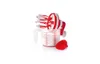 A manual kitchen mixer with red and white beaters sits inside a clear measuring cup filled with a white liquid. A red lid rests beside the cup. Náhled obrázku produktu