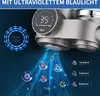 A close-up marketing image of a water filter attachment for a faucet, showing blue light sterilization and its effect on microscopic particles. Produktbild-Vorschau