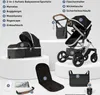 A collage of images showing a baby stroller system and its various accessories, with numbered labels pointing to each component. Produktbild-Vorschau