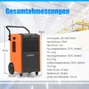A commercial dehumidifier is shown in a warehouse setting with product specifications listed. Voir les images du produit