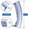 A silver washing machine door handle is shown with dimensions and labels. Produktbild-Vorschau