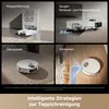 Collage of four images showing a robot vacuum cleaner and its features, with German text descriptions. Produktbild-Vorschau