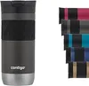 A single Contigo travel mug is shown on the left, and a stack of different colored travel mug lids is shown on the right. Podgląd zdjęcia produktu