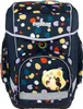 A dark blue backpack with a colorful polka dot pattern and a cartoon patch on the front. Voir les images du produit