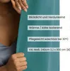 A person's hands are holding a teal fabric, with text overlays describing its features. Produktbild-Vorschau