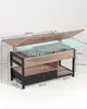 A lift-top coffee table with a glass insert and storage drawers, shown with dimensions indicated. Voir les images du produit