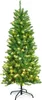 A full shot of a green artificial Christmas tree with warm white LED lights and a black metal stand, isolated on a white background. Voir les images du produit