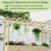 A wooden planter box with a trellis structure, adorned with hanging plants and flowers, set against a white wall. Náhled obrázku produktu