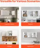 Collage of four images showing a white wall-mounted cabinet in different room settings: laundry room, kitchen, garage, and bathroom. Podgląd zdjęcia produktu