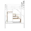 A white metal bunk bed with wooden steps and shelves, shown against a white background. Produktbild-Vorschau