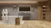 A luxurious modern bathroom with a freestanding bathtub, a vanity, and a shower area. Produktbild-Vorschau