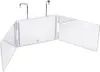 A white, tri-fold makeup mirror with LED lights and adjustable hooks, displayed against a white background. Produktbild-Vorschau