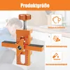 A man is shown in the background, smiling, with a kitchen sink and cabinets visible. The main focus is an orange drilling jig with measurement markings. Produktbild-Vorschau