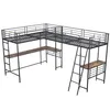 A metal loft bed with integrated desks and ladders, shown against a white background. Voir les images du produit
