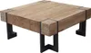 A square wooden coffee table with black metal legs, shown from a slightly elevated angle against a white background. Voir les images du produit