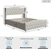 A diagram showing the dimensions of a bed frame, along with icons and text related to capacity, tools, and assembly time. Voir les images du produit
