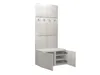 A white entryway storage unit with padded wall panels, coat hooks, and a shoe cabinet with open doors. Náhľad obrázku produktu