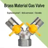 A brass Y-shaped valve with two yellow handles, set against a split white and green background with text. Produktbild-Vorschau